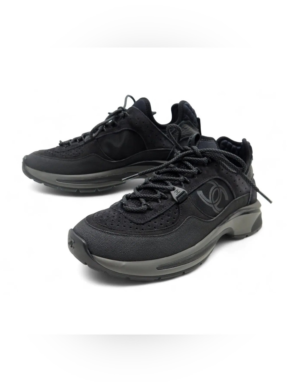 CHANEL Black & Gray Lace-Up Sneakers with CC Emblem